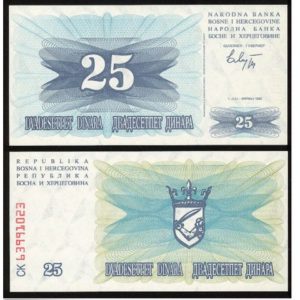 BOSNIA 25 DINARA UNC # 972